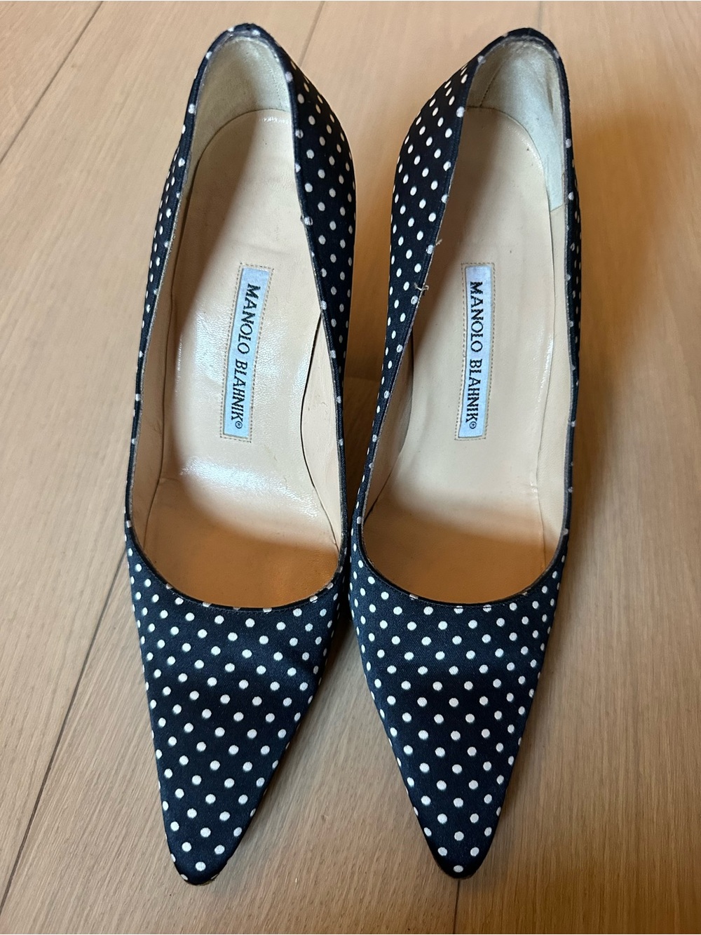 Manolo Blahnik Black and White Polka Dot Pointed-Toe Pumps